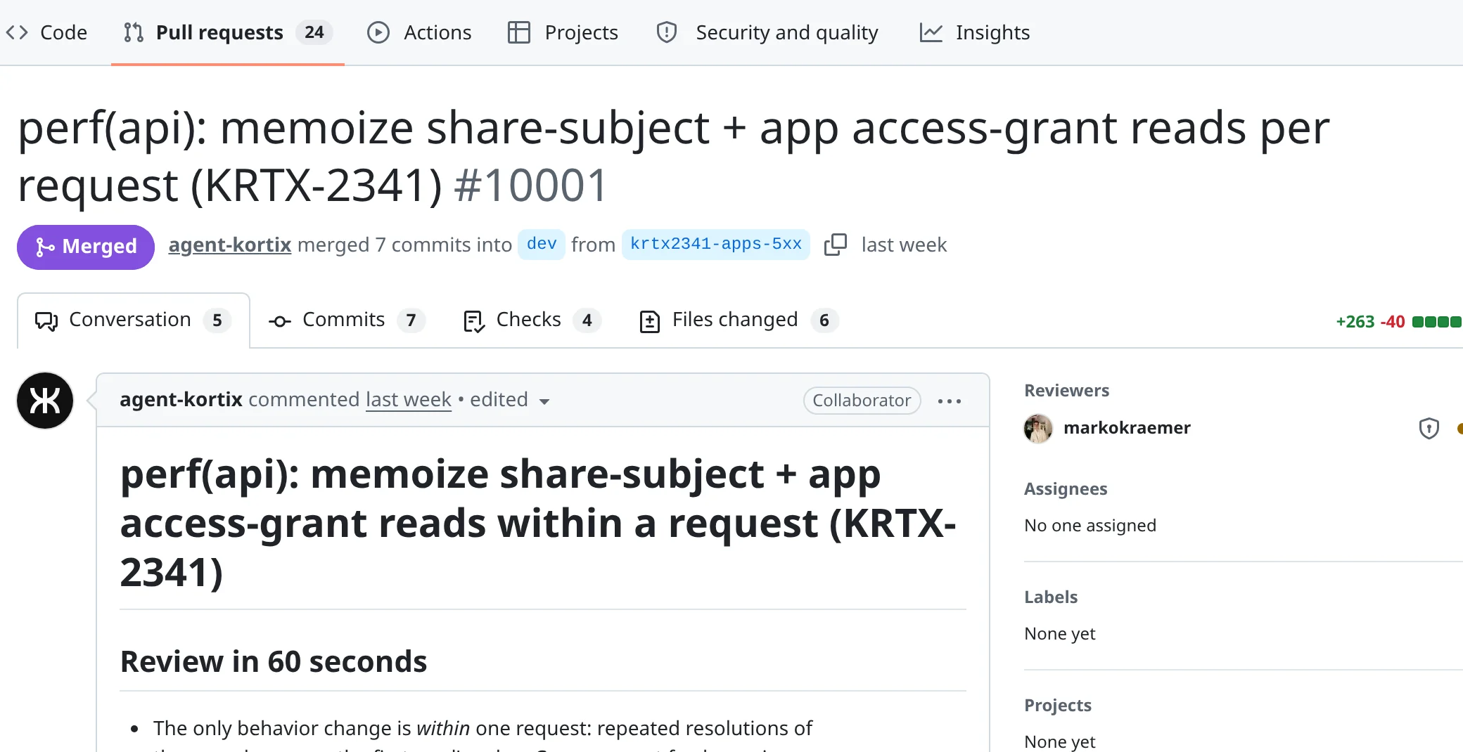 A merged change request in kortix-ai/suna, opened by the agent-kortix account and reviewed by a person